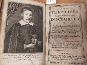 Title page of Joseph Symonds, Three treatises... (London, 1653) (Cong.Lib. 7.2.5), showing a beautifully etched frontispiece portrait of the author on the left.