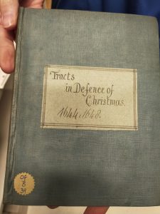 Cover of a book with a label on the cover reading "Tracts in defence of Christmas 1644/1648"