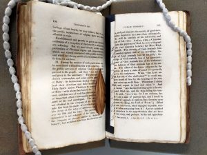 A petal from a flower and a bookmark cut from the edge of a 19th-century letter inside one of the Congregational Library's books