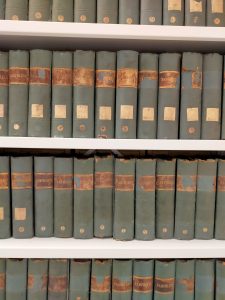A shot of the Congregational Library's pamphlet boxes on the shelves, close-up
