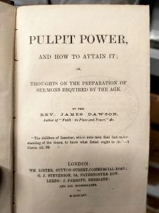 The cover page of the book "Pulpit power, and how to attain it" by James Dawson (London, 1865)