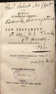 Cover page of a book by Richard Chevenix Trench entitled Richard Chevenix Trench, On the authorized version of the New Testament and printed in London in 1859. The book is inscribed to the Rev. Robert Moffat by David Livingstone, "at sea; SS Thule 8th January 1866".